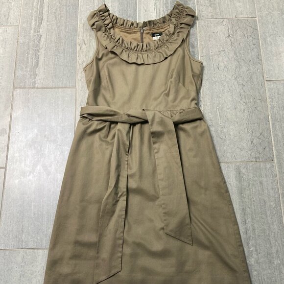 J.Crew Ruffle Neck Sleeveless Cotton Sateen Fit & Flare Dress Olive Green Size 6 - Picture 1 of 8